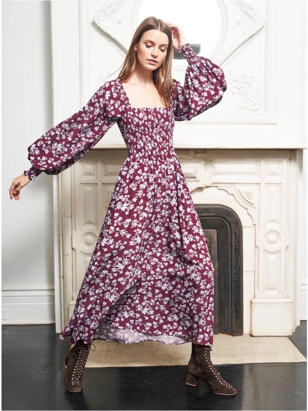 NWOT La Ligne Eloise Silk Smocked Burgundy Blue Floral Midi Peasant Dress Boho